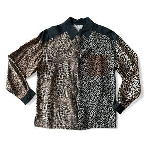 Vintage 90s Silk Blouse Animal Print Long Sleeve Button Down SMALL